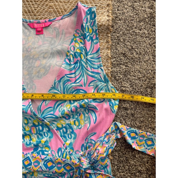 Lilly Pulitzer Pink Pineapple Sleeveless Wrap Dress Ruffle Hem Medium - Picture 8 of 10
